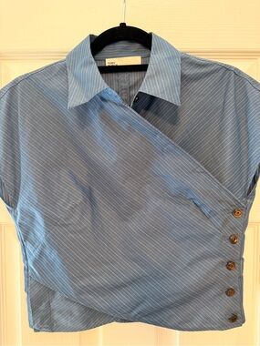 Tory Burch Light Blue Pinstripe Wrap Blouse | Size 6